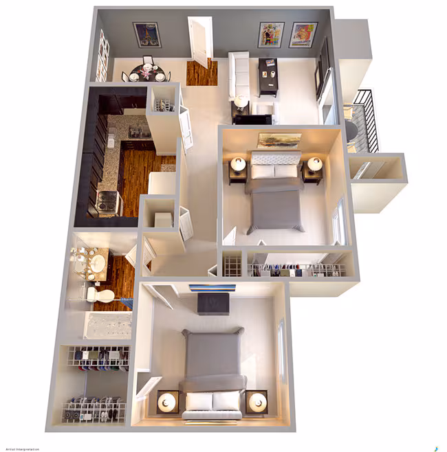 2 Bedroom 1 Bath  860 SF 1021 floor plan